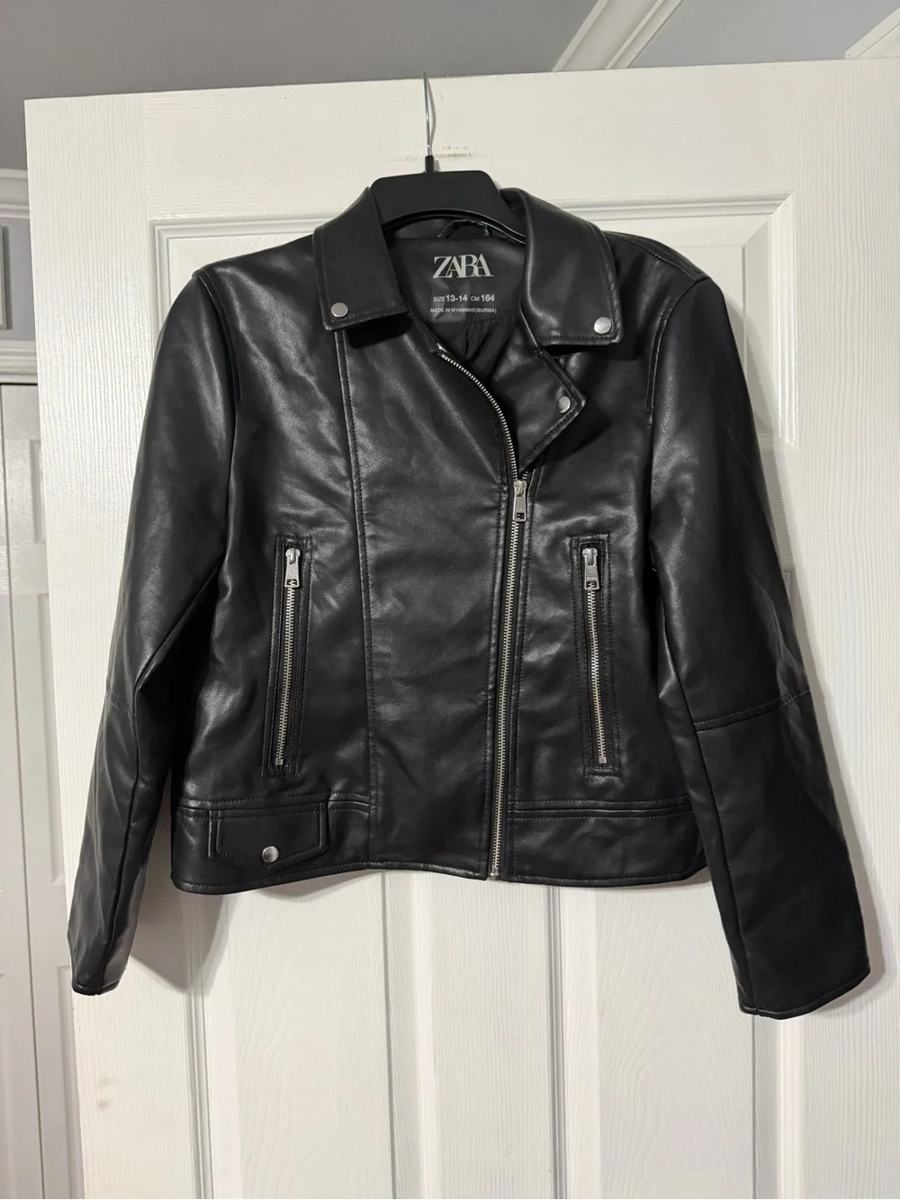 Zara Girls/Womens 13/14 Black Leather Biker Jacket with Zip Pockets